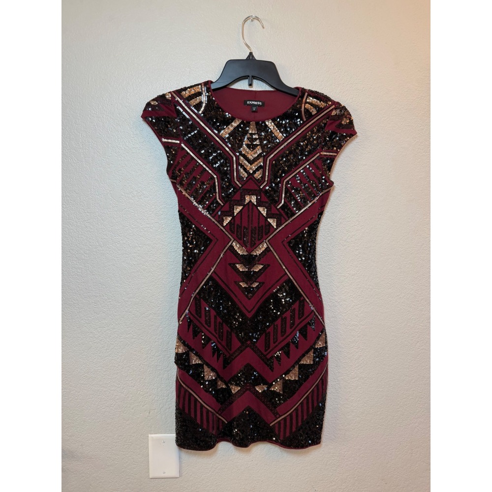 Express Sequin Geometric Art Deco Bodycon Mini Dress Burgundy Gold Black Small